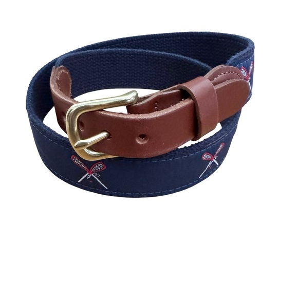 Leather Man Embroidered Lacrosse Belt Brass Buckle Leather Trim Navy Size 30 - Picture 10 of 10